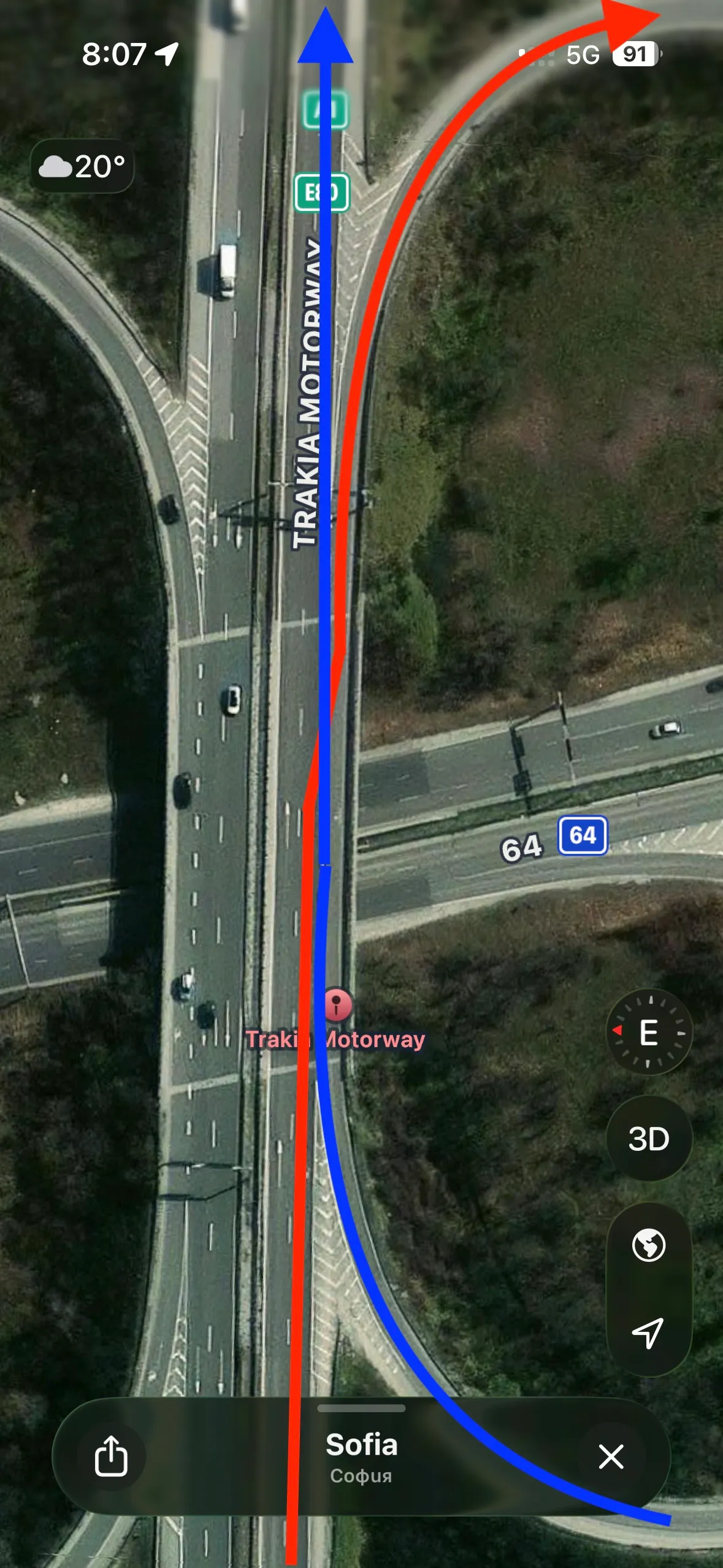 Map showing a red line indicating the cars exit route and blue cars entry route which have a path of collision.